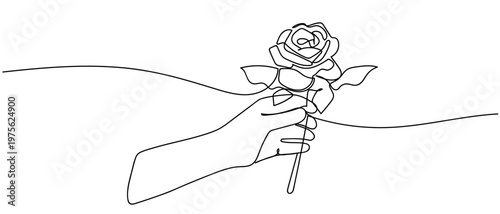 She is holding a single rose in her hand. continuous one line drawing and minimalist style isolate outline Editable stroke.