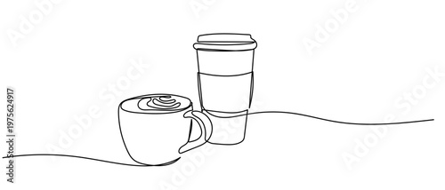 Latte art coffee cups and takeaway coffee cups. continuous one line drawing and minimalist style isolate outline Editable stroke.