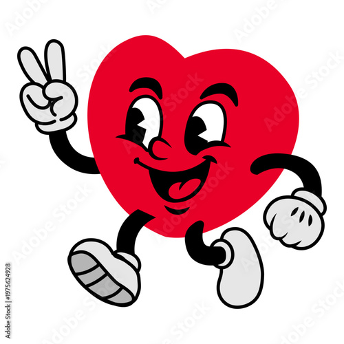 Retro cartoon heart character with V fingers. Funny heart red walking with peace and love sign, retro cartoon heart character mascot, sticker of 70s 80s vector illustration.