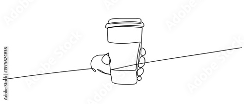 A takeaway coffee cup held in hand. continuous one line drawing and minimalist style isolate outline Editable stroke.