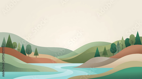 Minimal flat landscape illustration with soft hills, river, and clean composition for modern nature background and design use