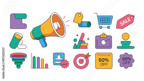 Set of colorful modern icons for online shopping and marketing representing sales promotions and business strategy.
