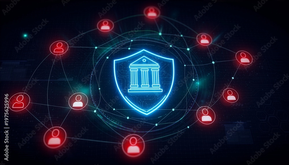 Fototapeta premium Cybersecurity concept: Secure network connecting users and a bank icon, representing online banking or secure financial transaction.