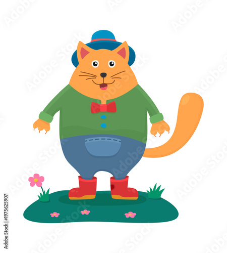 Positive orange cat in clothes standing on a flowered lawn. Smiling mascot cat is wearing a blue hat, a green shirt with a red bow, blue pants and red boots on white background