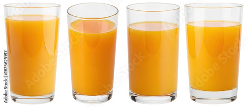 Bilde på lerret Refreshing orange juice in four clear glasses, showcasing natural color and texture, isolated on transparent background