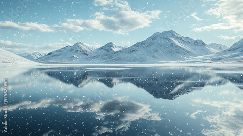 Snowy mountain landscape with reflection in calm lake and soft blue sky