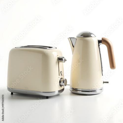 Retro style electric toaster and kettle in cream color isolated on white.