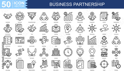 Business Partnership  Icon Set Collection Pack Vector Illustration Concept. Containing Handshake, Teamwork, Strong Partnership, Collaboration, partnership, Business Growth, Financial Team, Cooperation