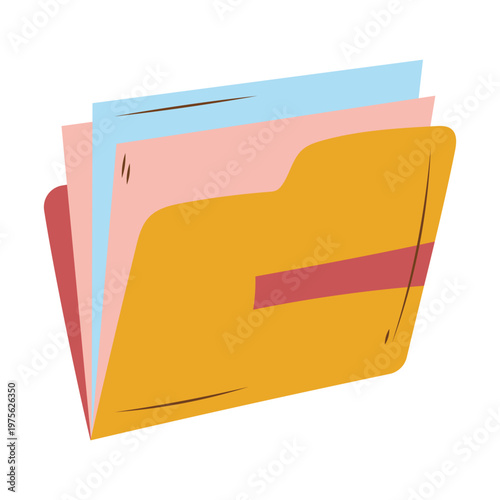 A colorful illustration of an open paper folder containing several sheets of documents.
