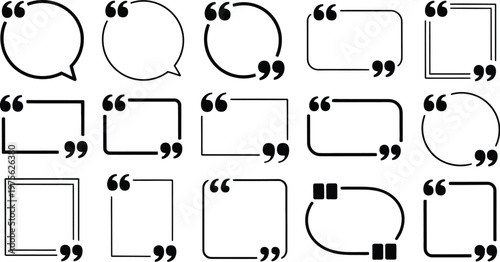 Quote marks and speech bubbles collection isolated on white background, modern communication symbols set, clean vector design for messaging apps social media comments and dialogue concepts.