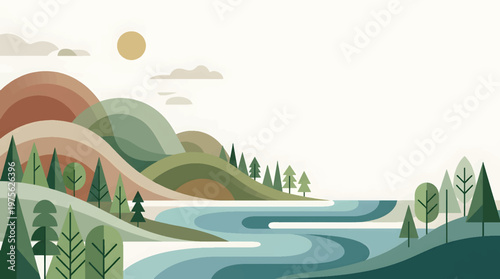 Flat design landscape with river, forest, hills, and warm sun in modern illustration style for travel and nature concept
