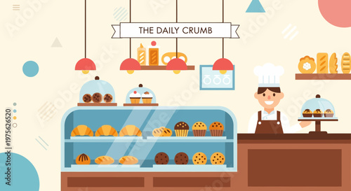 Bakery interior with smiling baker and display of fresh pastries and cakes.