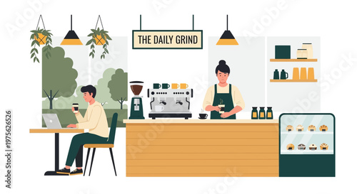 Barista serving coffee at counter, customer working on laptop in cafe, flat design