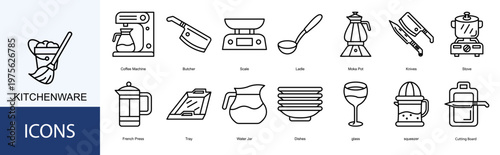 kitchenware  Icon Set Collection Pack Vector Illustration Concept. Containing Coffee Machine, Butcher, Scale, Ladle, Moka Pot, Knives, Stove icon