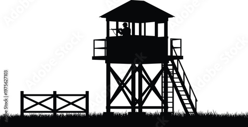 Silhouette of military guard in watchtower aiming rifle, border security surveillance concept, defense observation post, armed patrol duty, strategic protection, isolated illustration design