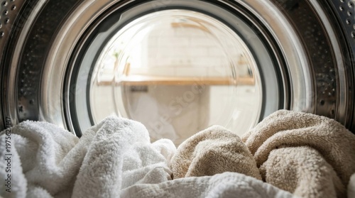 Clean towels inside washing machine drum close up