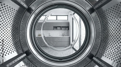 View from inside washing machine with modern laundry room