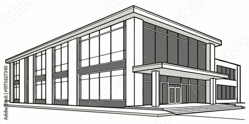 Modern industrial building with large windows and multiple garage doors