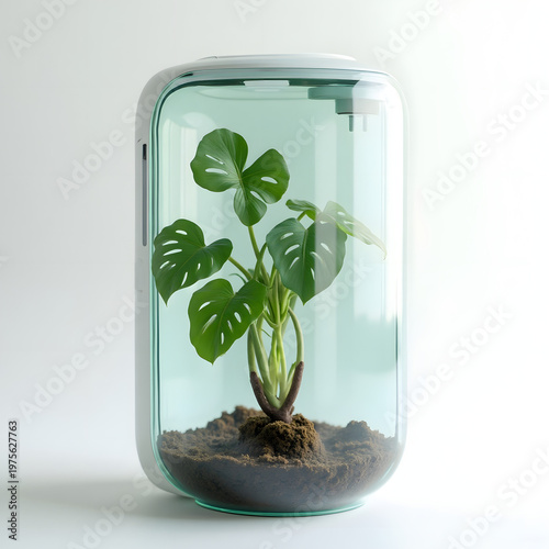 Smart self-watering plant pot with moisture sensor isolated on white.