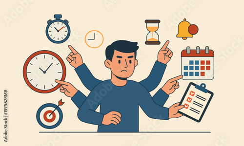 Flat vector illustration of an overwhelmed man multitasking with multiple tasks, deadlines, and time pressure, representing work stress, productivity challenges, and time management issues.