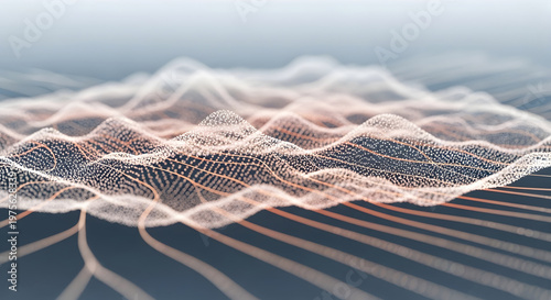 Topographic landscape of digital information and mesh geometry. Data science and algorithmic modeling. Abstract landscape formed by glowing particles and contour lines in perspective