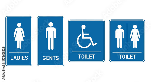 Set of four blue and white signs indicating ladies restroom, gents restroom, and accessible toilet facilities