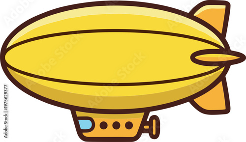 The yellow blimp flies through a clear sky with a single fin.