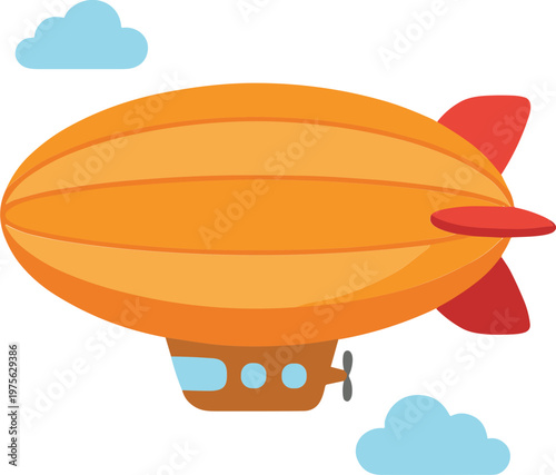 A cartoon blimp flies through the sky with clouds around it.