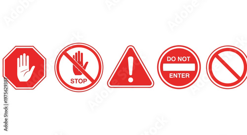 Collection of Red and White Road Safety and Warning Signs Indicating Prohibition, Danger, and Stop