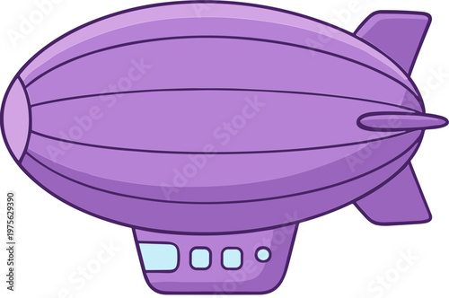 A purple blimp flies through the sky with its gondola below.