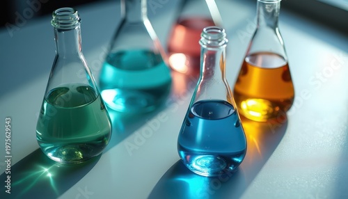 Four Glass Laboratory Flasks Filled With Colorful Liquids Blue Green Amber Red Liquid Experiments on a White Table with