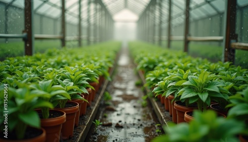 Rows Of Green Plants Growing In A Greenhouse With Natural Light And Misty Atmosphere Showing Agriculture And