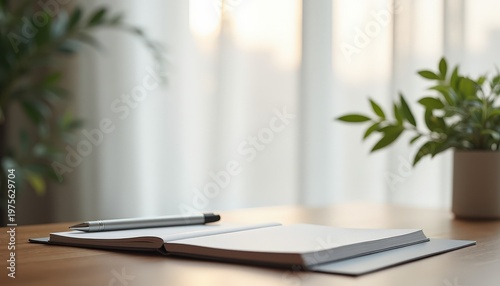 Open Blank Notebook and Pen on Wooden Desk Near Plants with Soft Sunlight Streaming Through Window Creating a Calm and