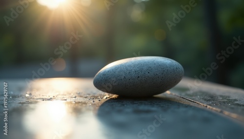 A single grey stone rests on a wet wooden surface bathed in the warm golden light of a sunrise casting long shadows and