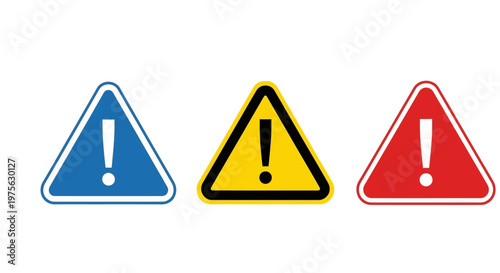 Set of three triangular warning signs with exclamation marks, indicating caution and potential danger