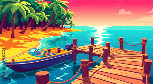 Tropical vacation paradise vector illustration of a boat docked at a wooden pier on a sandy beach with palm trees and ocean waves