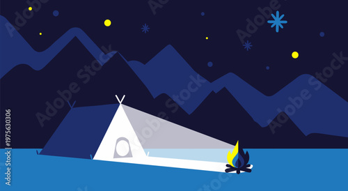 A captivating vector illustration of a camping tent illuminated by a cozy campfire under a starry night sky with mountains in the background