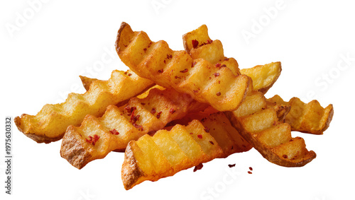 Golden brown crinkle cut french fries with red pepper flakes, isolated on transparent background