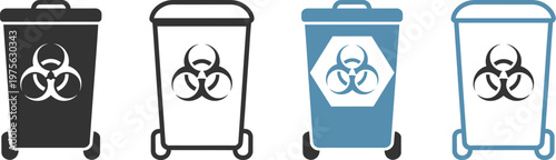 Sharps container icon set vector featuring medical waste needle syringe and hazardous disposal symbols, healthcare and hospital safety concept, clean modern design for medical apps signage and 