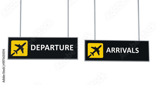 Two yellow signs with black backgrounds, one labeled 'DEPARTURE' and the other 'ARRIVALS', both featuring a yellow airplane icon