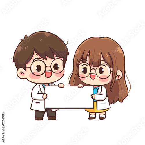 Cute doctor chibi character boy and girl holding blank sign board for message medical staff and health care concept vector illustration