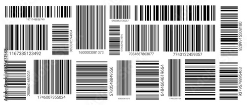 EAN-13 barcode label set with black lines on white background. Clean vector code design for product scanning, pricing, and retail inventory identification systems