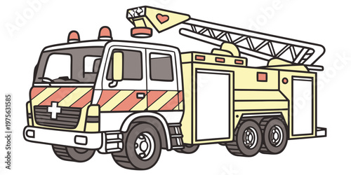 A vintage fire truck with a ladder raised high and equipment details