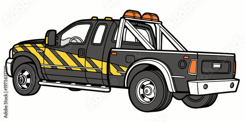 Red off-road truck with yellow and black decals on a black background