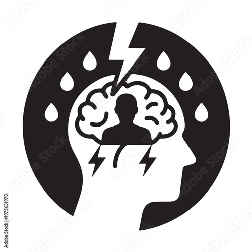 Mental stress concept with brain lightning and rain inside human head