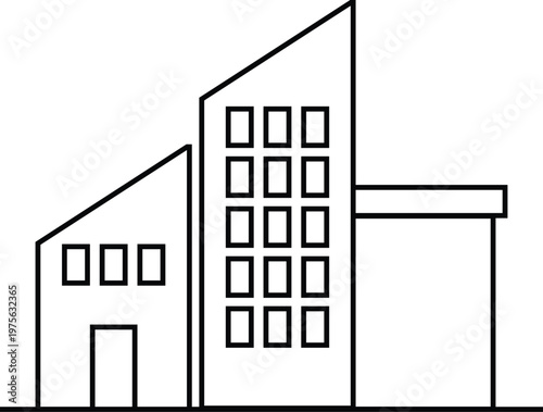 Simple line drawing of a modern building with geometric shapes and minimal detail