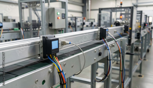 Industrial IoT sensors monitoring production line, smart factory automation