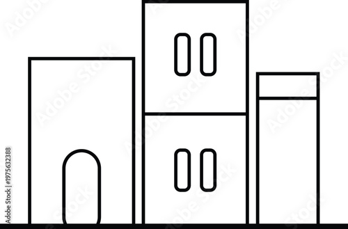 Minimalist black and white illustration of buildings with rectangular forms