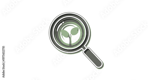 A magnifying glass examining a green plant sprout, symbolizing environmental research or growth.