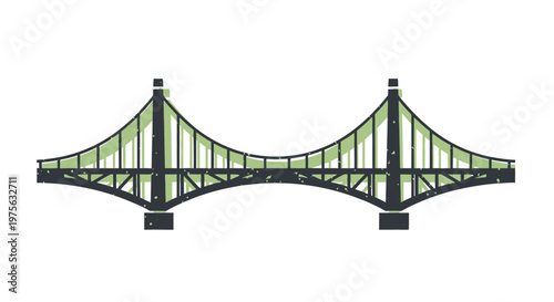 Stylized illustration of a double-arched suspension bridge with green cables and dark grey structure on a white background, representing a modern architectural feat.